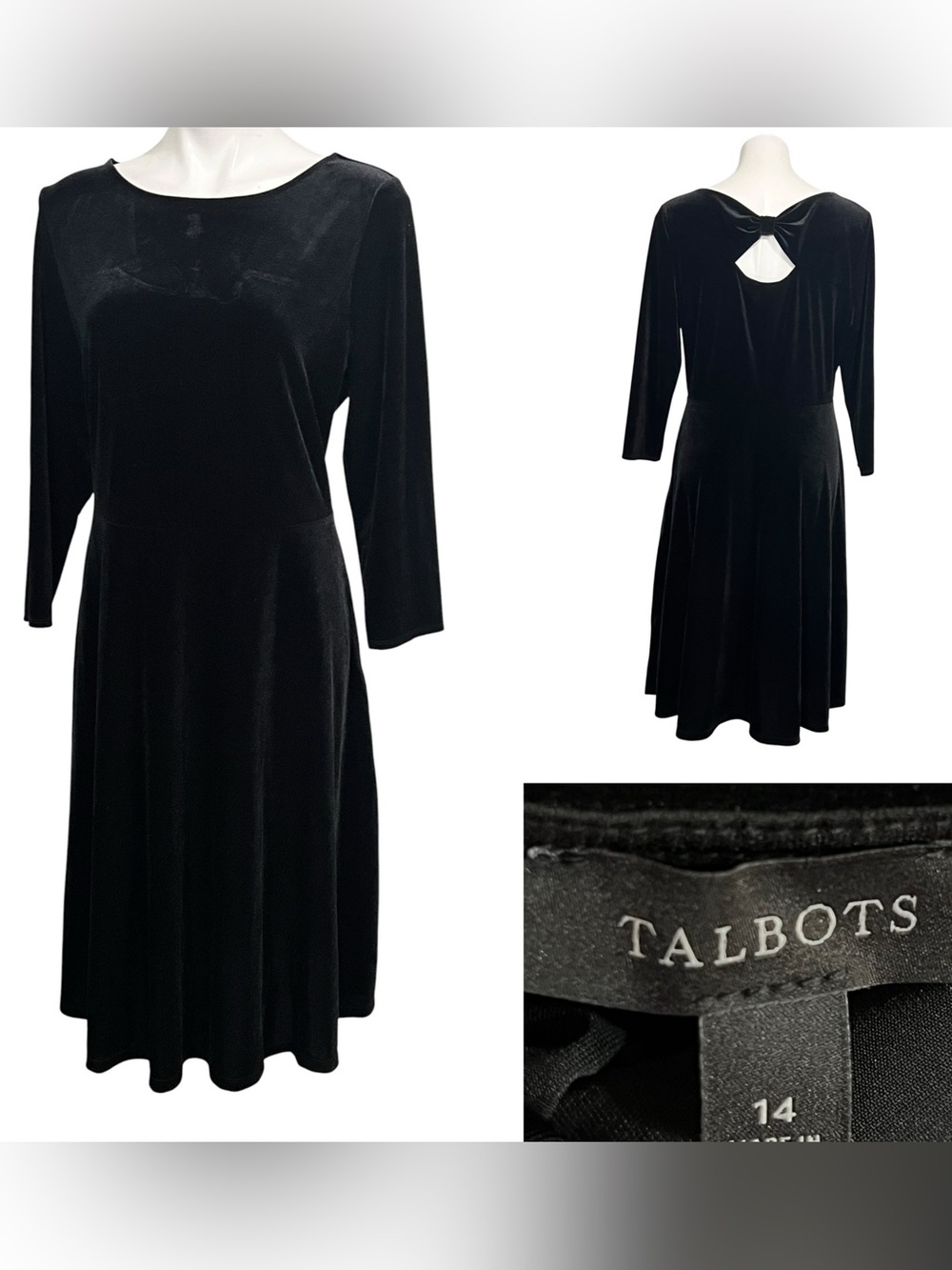 Talbots dress 14 Black Velvet Long-Sleeve Fit-n-Flare Back Bow knee length fall